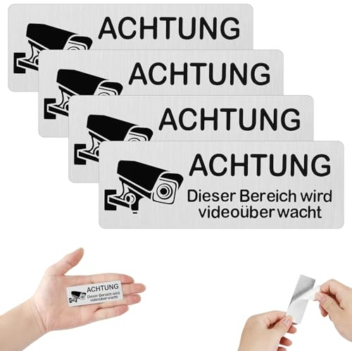 4 Stück Videoüberwachung Schilder,Selbstklebend Aluminium Schild Warnschild | Aluminium Hinweisschild Kamera Überwachung Schild,für Innen und Außenbereich,85×30mm