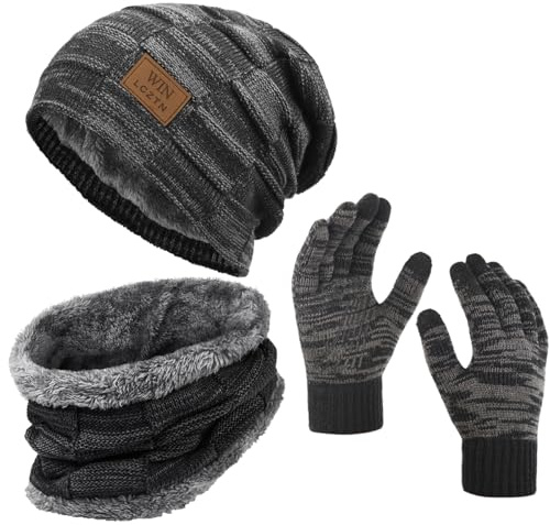 LCZTN FASHION Mens Winter Beanie Hat Scarf Touchscreen Gloves Set Warm Fleece Lined Knit Ski Hats Slouchy Skull Cap for Unisex (Black, One Size)