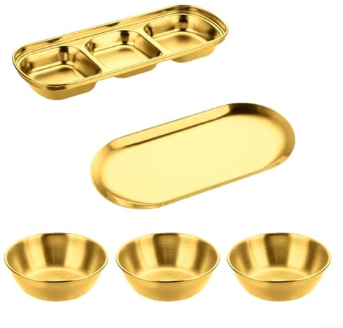 Emiif 5 Piece Stainless Steel Sauce Dish and Dip Bowls Set with Storage Tray for Serving and Organizing Sauces, Condiments, and Snacks (Gold)