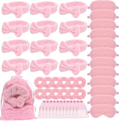 JTKDG 48 Stück Spa Party Set Mitgebsel Mädchen Spa Sleepover Party Supplies Partyzubehör für Mädchen 12 rosa Stirnbänder, 12 Plüsch Schlafmasken, 12 Samt Haargummis, 12 Organza Beutel