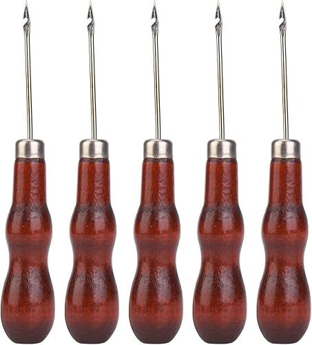 Sewing Hook Awl,5Pcs Wooden Handle Awl Hole Punch Sewing Stitching Awl Tool Shoe Repair Tool Leather Sewing Crochet Awl for DIY Leather Craft Sewing Fashion