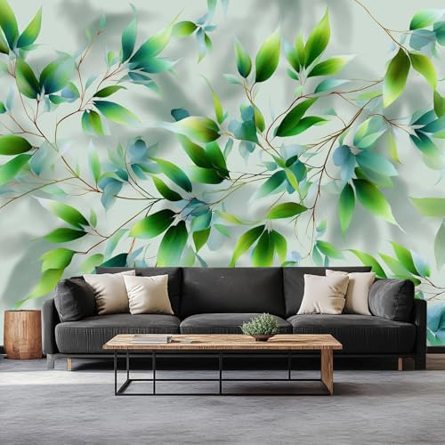 Fotomurales Pintura A La Acuarela Hojas De Bambú Enredaderas 500 x 280 cm Papel Pintado Tejido No Tejido, Gris Fotomural Papel Tapiz Decorativos - Dormitorio Salón TV Pared Murales Póster