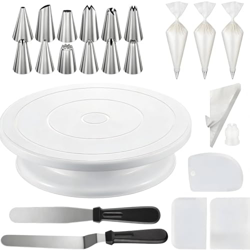 69 Pcs Cake Decorating Set Cake Turntable 12 Icing Piping Tips Set | 50 Piping Bags 3 Scrapers 2 Frosting Spatulas and 1 couplers, Baking Supplies Kit for Cake Decorating Beginners Professionals