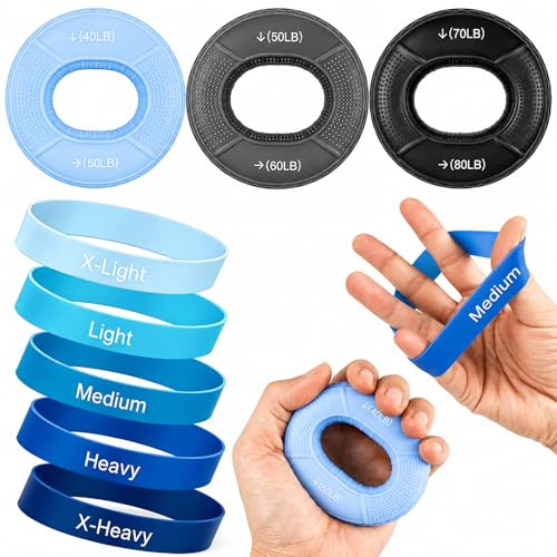 Griffkraft Trainer Set 8-teilig – Handtrainer Fingertrainer Unterarmtrainer mit 3 Griffkraft Ringen & 5 Finger Stretchern, Handmuskeltrainer für Fitness, Reha, Klettern & Arthrose