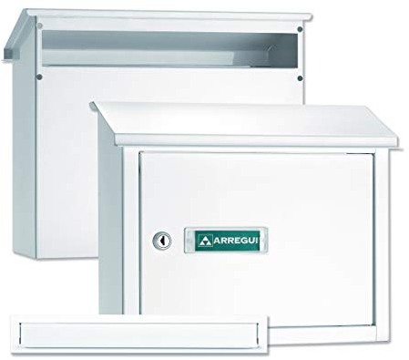 ARREGUI V4081 Komplettes Durchwurfbriefkasten Pack. Einwurfblende + Mauerdurchwurf Briefkasten. Briefschlitz Abdeckung und hinterer Briefkasten aus verzinktem Stahl, Größe M (DIN A4), weiß