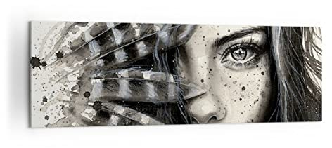 Panorama Bilder auf Leinwand 160x50cm Leinwandbild Frau Federn Lippen Kunst. Groß XXL Wanddeko Bild Schlafzimmer Wandbilder Dekoration Wohnzimmer Wall Decor Canvas Wand Kunstdruck Art AB160x50-2874