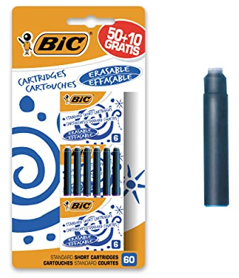 BIC Cartouches d'Encre Courtes Universelles - En complément des Stylos-Plume ou Roller rechargeable - Bleu Effaçable, Blister de 50+10