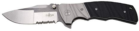 Taschenmesser K1921BKS, Stahlzwinge und G10 Griff Schwarz, 8Cr14MoV Stahlklinge 9,6 cm mit Säge, Two Tone Finish auf CNC-Maschine, dunkler sauberer Stein und hellreiner Stein.