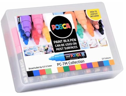 POSCA PC-7M Acrylic Paint Marker Pens, Standard Colours, (15-Pack) | Broad 4.5–5.5 mm Tip, For All Surfaces, Water-Based, Non-Toxic, Biodegradable Packaging
