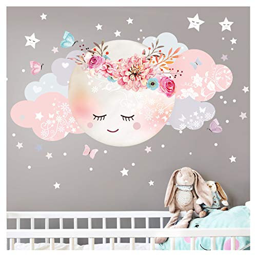 Little Deco Wandsticker Kinderzimmer Mädchen Mond & Wolken I M - 51 x 26 cm (BxH) I Wandtattoo Babyzimmer selbstklebend Wandaufkleber Sterne Blumen Kinder DL243