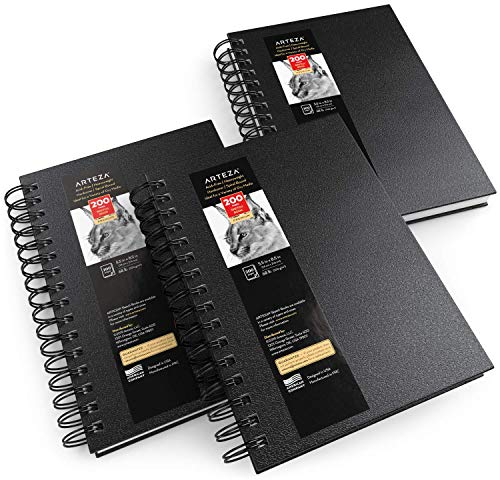 Arteza Skizzenbuch mit Spiralbindung 3er-Pack 300 Blatt insgesamt, 14 x 21.6 cm, schwarzer Skizzenblock, 100 GSM, Hardcover-Sketchbook, für Bleistifte, Kohle, Kugelschreiber, Wachsmalstifte