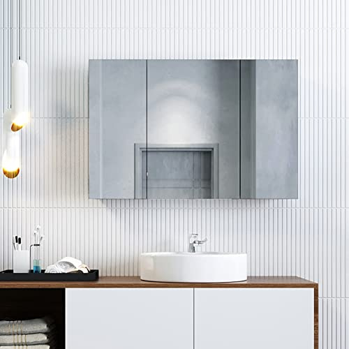 ELEGANT Bathroom Mirror Cabinets 600 X 900 mm Stainless Steel Wall Mounted with Triple Mirrors 3 Doors Wall Storage Cupboard Cabinet Adjustable Height Shelves