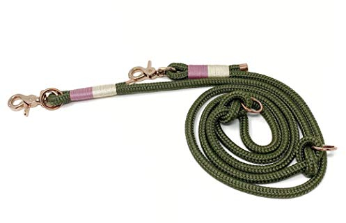 Wau-Effekt Hundeleine aus Segeltau - 200cm Länge - 100% Handarbeit - dreifach längenverstellbar durch Wanderknoten aus robustem Segeltau (S (200cm, 8mm Tau), Grün - Rosa Beige)