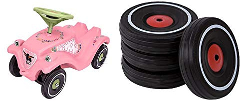 Big-Bobby-Car Classic Flower - Kinderfahrzeug mit Blumenaufklebern für Jungen und Mädchen & Bobby Car Whisper Wheels - Flüsterräder für Rutscher Autos, Reifen-Set mit Befestigungsclips