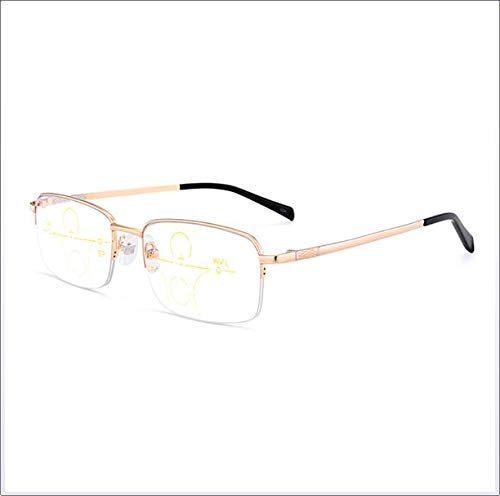 Multifocal Anti Blue Light Reading Glasses, Titanium Half Frame Progressive Lenses Readers Computer Glasses Anti Glare for Men and Women,Gold,+3.00