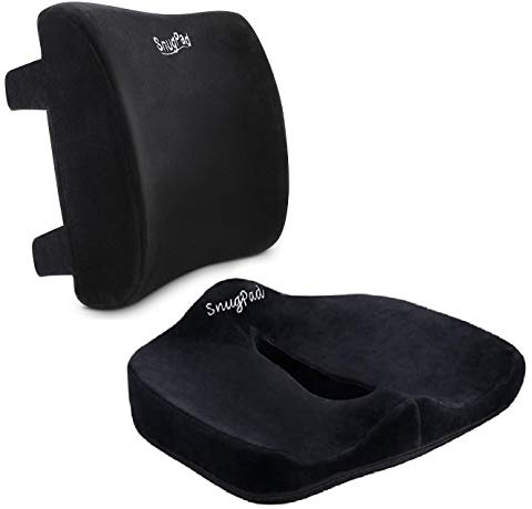 SnugPad Memory Foam Lumbar Pillow and Seat Cushion Combo, Ergonomic, Orthopedic, Lower Back Support, Premium Washable Velvet Covers with Non-Slip Bottom, Ideal for Office Chairs and Car Seats (Black)