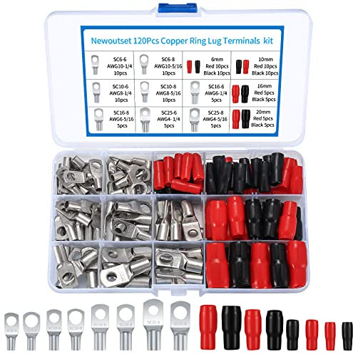 120 Pcs Bolt Hole Tinned Copper Terminals Set, Ring Cable Wire Lugs Terminals Connectors, Battery SC Terminal Set, Marine Grade Cold-Pressed Crimp Type