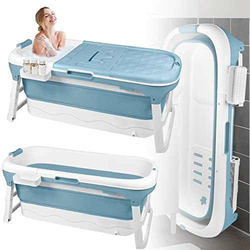 LARS360 Faltbare Badewanne Erwachsene, Reisebadewanne Klappbadewanne mit abnehmbare Abdeckung, Seifenkorb, Massagerollen, Mobile Badewanne für kleines Badezimmer (148 x 62 x 53 cm)