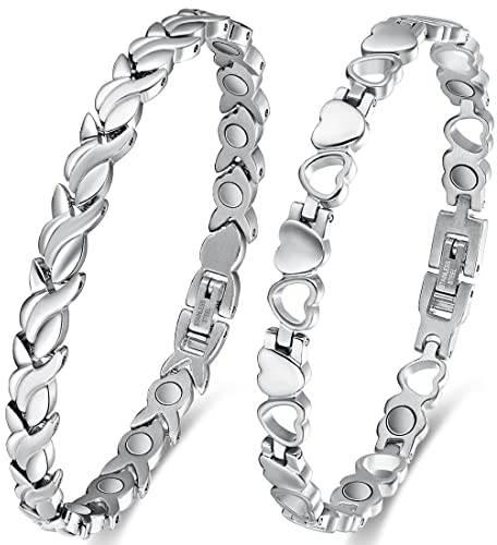 Vicmag 2 PCS Magnetarmband Damen Titanstahl Ultral-Festigkeit magnetisch Armband Geschenk mit Entfernungswerkzeug (Silber Fischschwanz & Liebe)