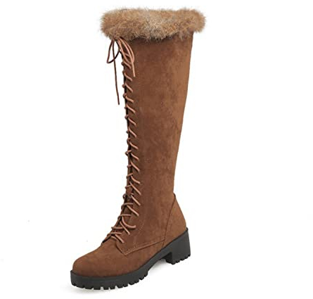 WOkismD Herbst- Und Winterstiefel Aus Wolle Für Damen Mit Kreuzspitze Und Seitlichem Reißverschluss, Hohe Stiefel Aus Baumwolle,Braun,45 EU