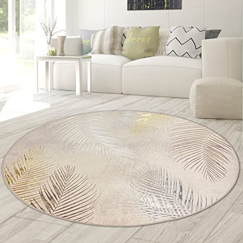 Teppich-Traum Kurzflor Teppich Palmenzweige Creme Grau Gold Ø 200 cm | Pflegeleicht, strapazierfähig, schmutzabweisend, seitlich gekettelt, OEKO-TEX geprüft, mit Glanz-Effekt, 8 mm Flor