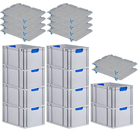 PROREGAL SuperSparSet 10x Eurobox NextGen Color mit Auflagedeckel & Schiebeschnappverschlüsse, HxBxT 32x40x60cm, 65L, Griffe blau geschlossen, Verstärkter Boden, Eurobehälter Transportbox