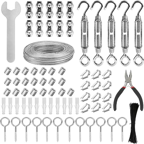 VIGRUE 32M 3mm Drahtseil kit, 304 Edelstahl Verdickt Drahtseil Spanndraht,Stahlseil Ummantelt,mit ösen Seilspanngarnitur Spannschloss und Hebel für Party, Festival, Hochzeit,Treppe, Camping