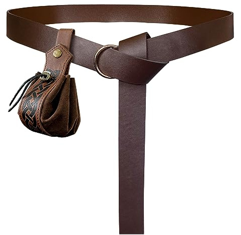 HiiFeuer Medieval O Ring Belt with Retro Nordic Drawstring Pouch, Renaissance Faux leather Belt and Purse Set for Ren Faire (Brown C)