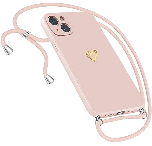 Handykette Hülle für iPhone 15 Hülle Necklace, Herz Motiv Muster Handyhülle für iPhone 15 Hülle mit Band mit Kette mit Kordel zum Umhänge Band Ultradünn Hülle für iPhone 15 Handykette (Rosa)