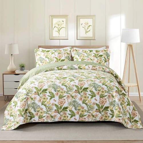 Newlake, Baumwoll-Steppdecken-Set, wendbares Patchwork-Überwurf-Set mit grün/rosa Blumenmuster, Queen-Size