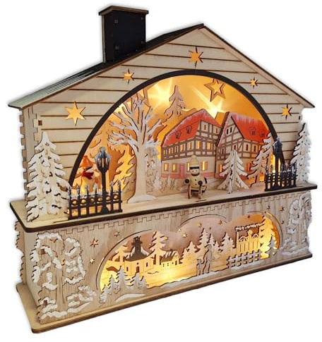 Wichtelstube-Kollektion Weihnachts-Dorf aus Echtholz, beleuchtete Weihnachtsdekoration für Innen Lichterbogen für Weihnachten, Weihnachtsdekoration, Holz, Handgefertigt mit 3D Effekt und Hologramm