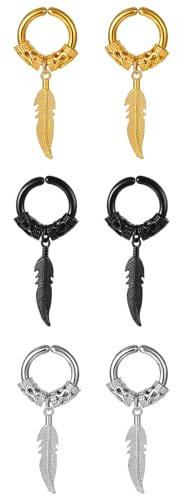 Flongo Fake Ohrringe ohne loch: Damen Huggie Hoop Feder ohrclips schwarz gold silber Creolen ohne ohrloch Feather Ohrklemme Ohr Clips Earrings Gothic Edelstahl wikinger Schmuck Geschenk Frauen Herren