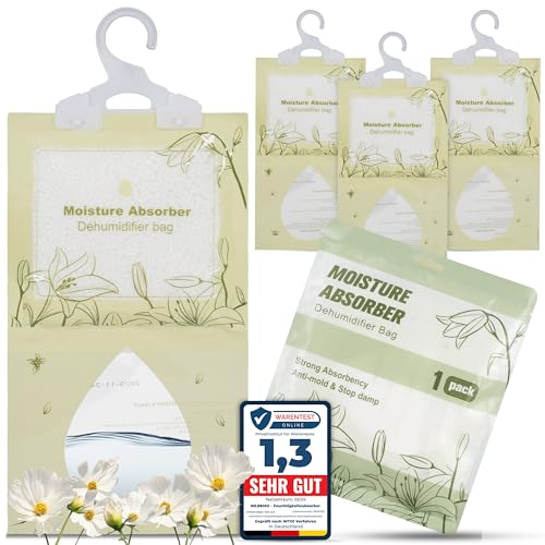 NILREMO Luftentfeuchter Kleiderschrank 4er Set je 200gr zum Aufhängen ohne Strom - Granulat- Trockenmittel beseitigt unangenehmene Gerüche, Feuchtigkeit, Schimmel im Bad, Küche, Keller