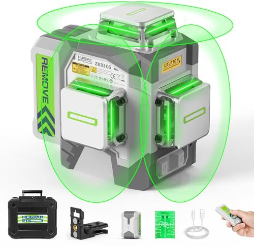 Huepar Pro Nivel Láser Cruzado 3 * 360 Autonivelante, Láser Profesional de Alta Precisión Verde con Batería Recargable de Li-Ion de 8000mAh y Estuche Rígido ZK03CG-S