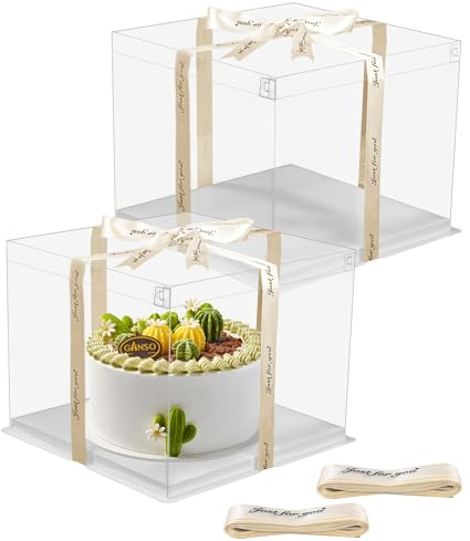 2 Stück Geschenkbox Durchsichtig Tortenschachtel Tortenbox 30L x 30W x 25H cm Tortenkarton Transparent Torten Kuchen Transportbox Geschenkbox Durchsichtig mit Sockel und Band für Geburtstag Dessert