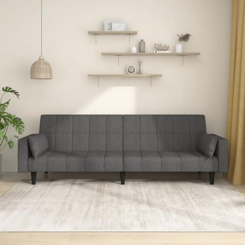 Homgoday Schlafsofa 2-Sitzer mit 2 Kissen Klappsofa mit Schlaffunktion Bettcouch Bettsofa Loungesofa Sofa Couch mit Verstellbarer Rückenlehne für Wohnzimmer Schlafzimmer Dunkelgrau Stoff