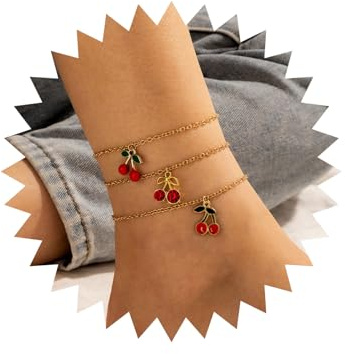 Wendalern Boho Gold Knöchel Armbänder Strass Kirsche Reize Fußkettchen Geschichtet Diamant Cz Obst Kirsche Knöchel Kette Niedlich Fußkettchen Set Sommer Strand Fußschmuck Für Frauen Und Mädchen