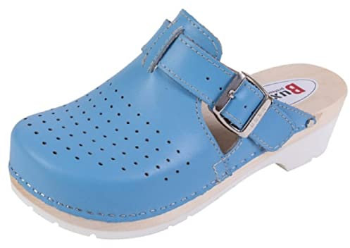 Generisch Unisex Holz Clogs - Pantolette Gr.35-36-37-38-39-40-41-42-43-44-45-46 BLAU (mit Löcher) Echt Leder Komfort Weite - leise Schritte (Blau, EU 43)