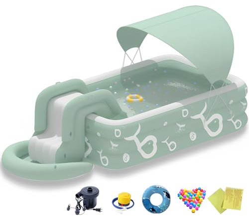 Piscina familiar, piscina inflable familiar con techo y tobogán, 103 x 68.8 x 23.6 pulgadas, con 1 anillo de natación, bomba eléctrica, 20 bolas oceánicas y dos pequeñas pistolas de agua