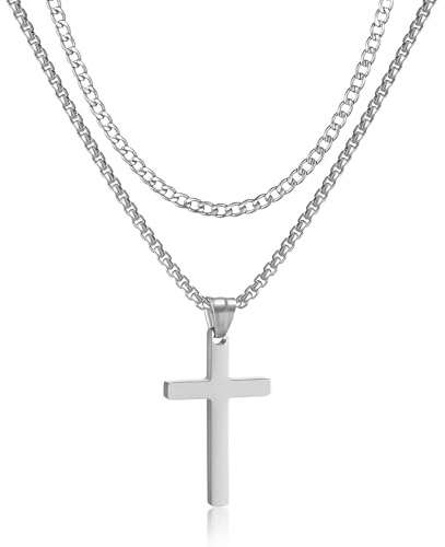 RWQIAN Kreuz Kette Herren Kreuzkette Edelstahl Silber/Gold/Schwarz Layered Kreuz Kette Kubanische Halskette mit kreuz Anhänger Christliches kreuz Schmuck Geschenke für Männer