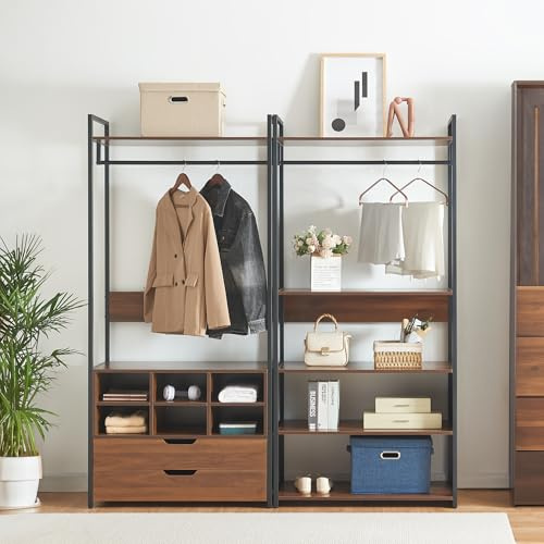 [en.casa] Set di 2 Mobili Organizzatori Guardaroba con Barre Appendiabiti Ripiani Scomparti e 2 Cassetti Mobili Porta Abiti per Camera da Letto Cabina Armadio - Nero/Effetto Noce