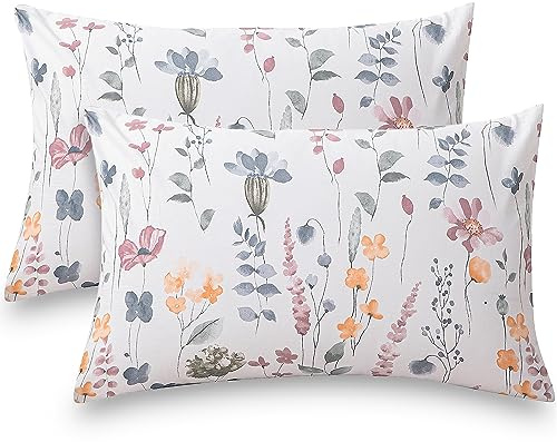 ATsense Kissenbezug 50 x 70 cm, 2 Stück - 2er Set 100% Baumwolle, Bunt Pflanzen Blumen Muster Kopfkissenbezug mit Reißverschluss, ÖkoTex Zertifiziert Super Weicher und Bequemer Kissenhülle