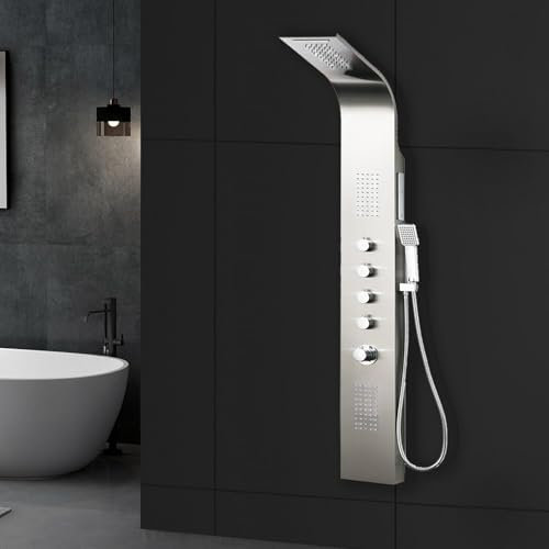 Elbe Pannello doccia in acciaio inox con termostato, 2 ugelli massaggianti, doccia a cascata, soffione doccia