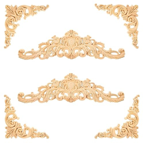 Hezhou 6 Pcs Holzornamente für Möbel Vintage Holz Ornamente(Pfingstrose) | Zierleisten Holzornamente Ecke Holzschnitzerei Applique Ornament Holz Skulptur Corner Holzornamentes