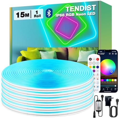 TENDIST 15M Flexible Neon LED Strip Wasserdicht RGB, IP68 LED Streifen Aussenbereich Bluetooth mit Smart App, Outdoor Neon Light Musik Sync für Terrasse, Balkon, Garten, Wandpaneele