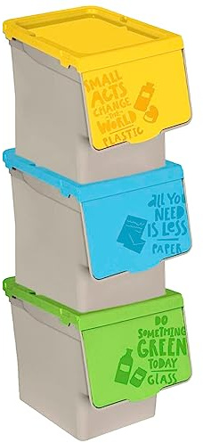 AC - Pack de 3 Contenedores apilables de Polipropileno - Cubo de Reciclaje de Basura, Caja de Almacenamiento de residuos, fácil Apertura – 27 L – Plástico, Vidrio y Papel – 31,5 x 26,5 x 39 cm