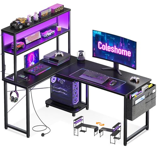 Coleshome L Shaped Gaming Desk with LED Lights & Power Outlet, Black