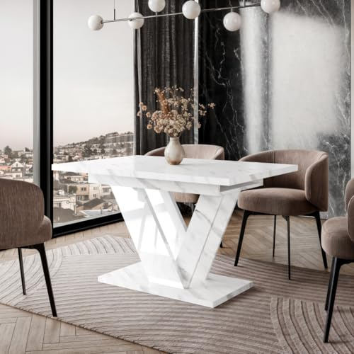PROROOM FURNITURE Dubai Moderner Ausziehbarer Küchentisch 120-160x80 cm Eleganter Wohnzimmertisch Glamour Stil Weiße Marmoroptik