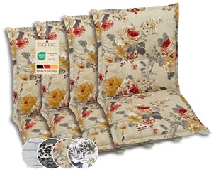 GO-DE Textil Bequeme und attraktive Polsterauflagen für Niederlehner-Gartenstühle (4er-Set, Blumen bunt beige, Niederlehner)