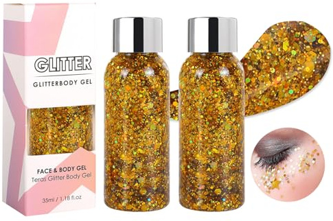 Lot de 2 flacons de paillettes pour le visage, le corps, les yeux, les ongles, pour le visage, le corps, les yeux, les ongles, pour le bricolage, les festivals, les tenues de festival, 35 ml